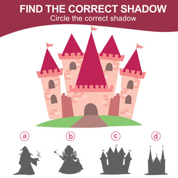 Find the correct shadow of the castle. Matching shadow game for children with fairytale kingdom theme. Worksheet for kid. Educational printable worksheet in vector file.