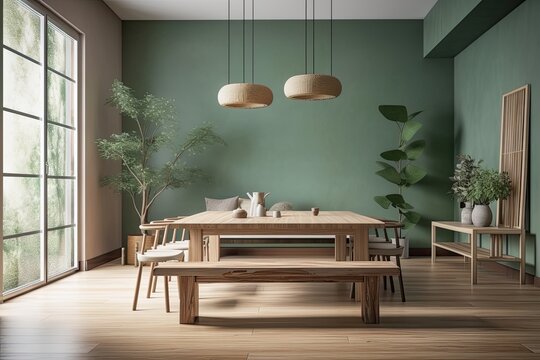 Stylish dining area in Japan with a minimalist wooden table in white and green. Wallpaper wall mockup. interior design that is minimal. Generative AI