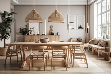 Modern Scandinavian interior design for a dining room. Generative AI