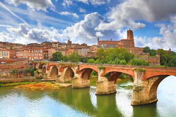 Albi, France. Townscape of Albi in Tarn department. Town view with river Tarn. - obrazy, fototapety, plakaty