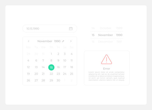 Choosing calendar date UI elements kit. Isolated vector components. Flat navigation menus and interface buttons template. Web design widget collection for mobile application with light theme