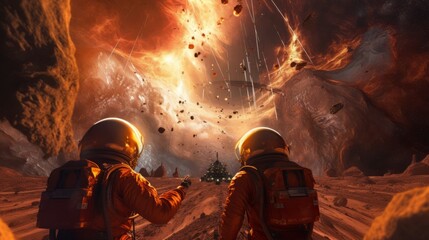 Fototapeta premium Astronauts on a research mission on a planet hostile to life Super Nova Generative Ai