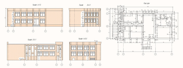 Engineering background. Abstract architectural plan of a building showing facades on four sides. Sketch of the building with dimensions in meters.
