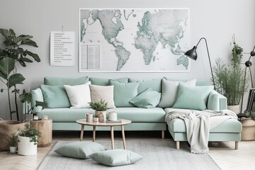 Stylish mint sofa, furnishings, mock up poster map, plants, and attractive personal accessories decorate this contemporary Scandinavian living room. interior design. interior decoration Template. able