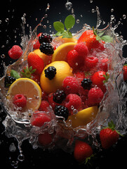 Generative ai illustration of a splash of summer fruits with droplets