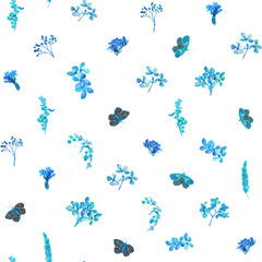 Floral rhombus print. Floral seamless pattern with dried flowers and butterflies hand drawn in watercolor. Watercolor print for wallpaper, fabric with wildflowers and herbs