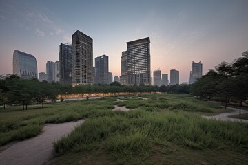 Fototapeta premium Concrete jungle, cityscape with towering skyscrapers dominating the frame while a small park or green space stands out as an oasis. Loss of green spaces due to urban sprawl. AI Generative