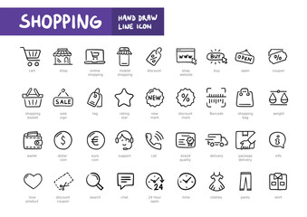 Shopping hand writting line web icon set. Outline icons collection. Simple vector illustration. E-commerce, delivery, payment.