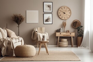 Neutral living room interior design with contemporary toilet, dried flower in vase, mock up poster on the wall, carpet, décor, clock, and personal belongings. Template. Generative AI