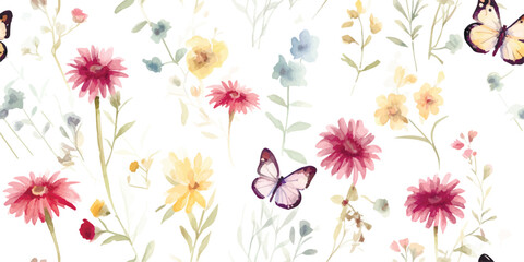 Floral pattern from wildflowers buds and butterflies, watercolor isolated illustration for textile, wallpapers or floral background