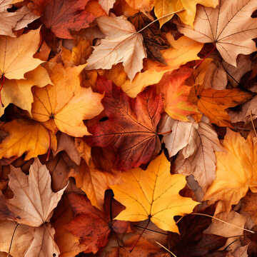 Red and orange autumn leaves background. Outdoor. Colorful backround image of fallen autumn leaves perfect for seasonal use. Generative AI technology
