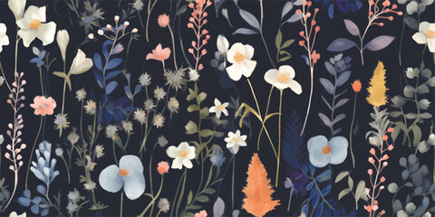 Floral seamless pattern in rustic style on dark blue background, watercolor print with abstract wild flowers, plants and leaves for textile, wallpapers or decoration texture