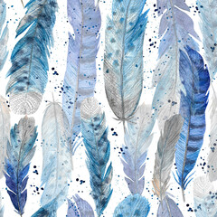.Seamless pattern of colored feathers watercolor. Hand drawn illustration with bird feathers