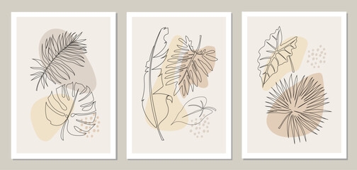 Set of abstract posters with tropical leaves. Line art. Banana, palm, monstera, alocasia, philodendron leaves. Posters, covers in boho style. Pastel tones. Vector. © Oksana_Skryp