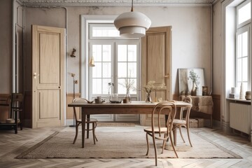 Old, vintage room with lovely white doors, light colored wooden furniture, and a table and chairs on a carpet. Scandinavian minimalism is elegant. Generative AI