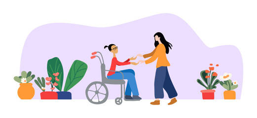 A girl with a friend in a wheelchair. in a wheelchair