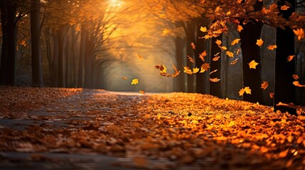 Autumn forest maple leaves fall on ground, background wallpaper,  Generative Ai