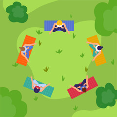 People formed in a circle doing yoga in a park, top view, vector illustration. Outside exercises 