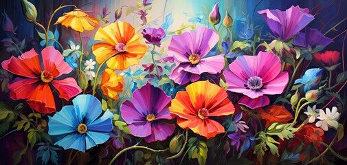 painting style illustration, beautiful flowers garden, Generative Ai