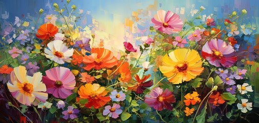 painting style illustration, beautiful flowers garden, Generative Ai