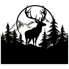 Deer in the forest, isolated on white background, vector illustration.