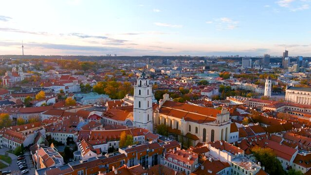 Beautiful aerial Vilnius city Old town panorama on sunny autumn evening