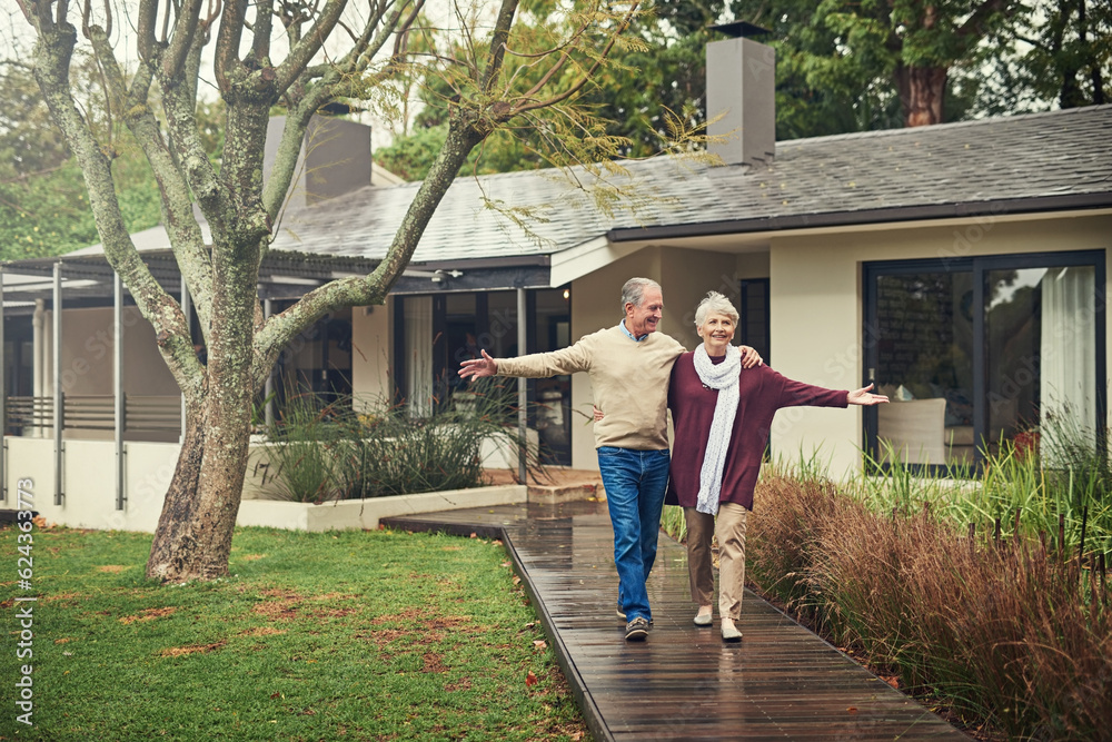 Sticker Happy senior couple, garden and walk with smile, hug and together with love, bonding and freedom in winter. Old woman, happy man and embrace in backyard in retirement, nature and outdoor in morning