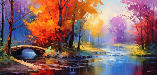 painting style illustration, peaceful Autumn forest with river and bridge, Generative Ai