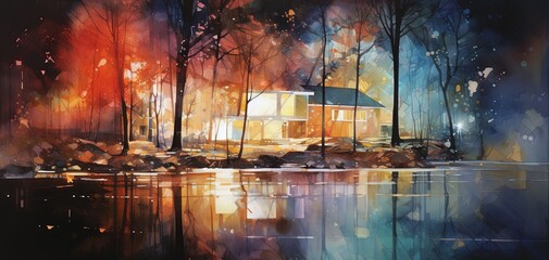 watercolor style illustration, warm and comfort modern house in Autumn woods, Generative Ai
