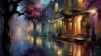 painting style illustration, beautiful restaurant un urban street side in after raining atmosphere, Generative Ai