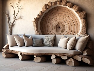 Rustic sofa made from solid wood tree trunk and side table near beige stucco modern living room generative ai
