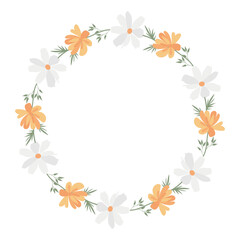 A wreath of delicate chamomile flowers and orange aster. Perfect decor for postcards and posters and invitations.