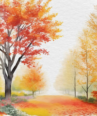 Watercolor Painting of Autumn Trees in a Park