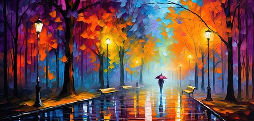 painting style illustration, a man walking in Autumn park at night time, Generative Ai - obrazy, fototapety, plakaty