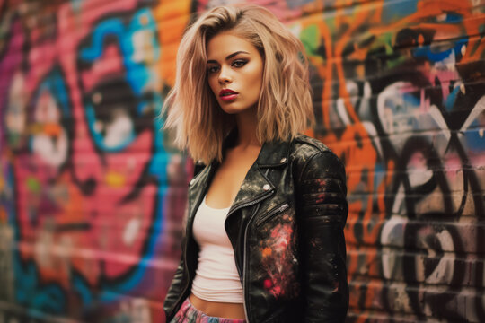 A young fashion model posing against a colorful graffiti wall, showcasing edgy and urban fashion trends with a rebellious flair. Generative Ai