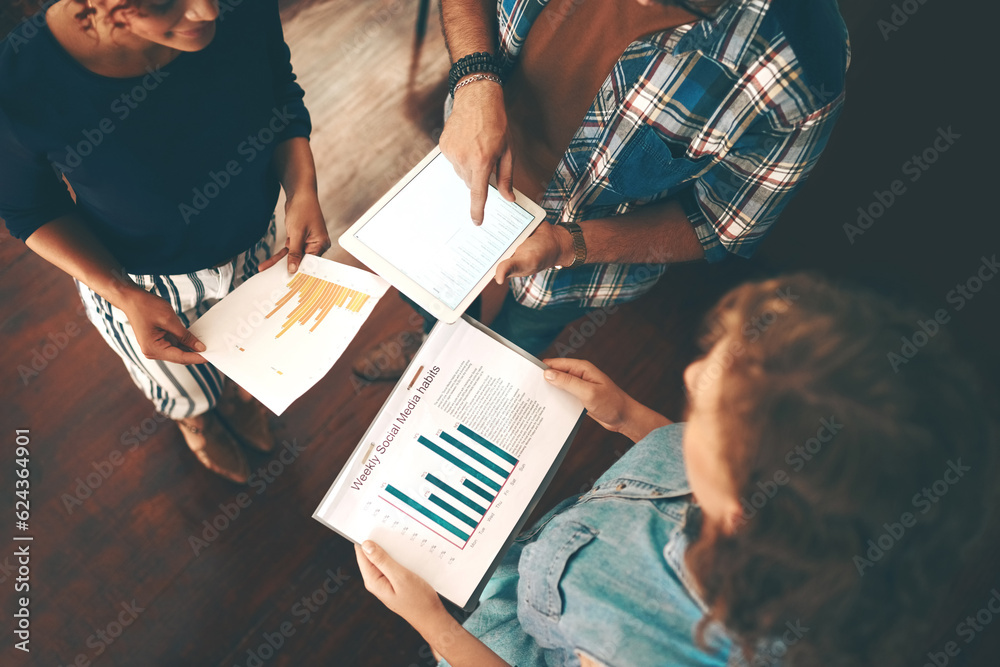 Poster paperwork, graphs or hands of business people with tablet planning a project with charts or data res