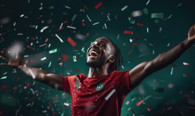 Cheerful african american young man dancing celebrating.  Winner celebrates. Great success. Excited...