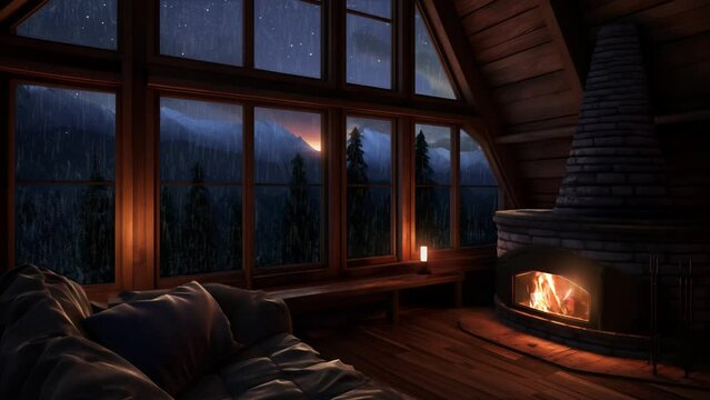 relaxing cozy cabin rainy environment with fireplace cracking sounds