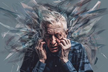 An elderly man had his head in his hands with abstract patterns. Concept of various age related health conditions such as Alzheimers, Dementia, depression, anxiety.