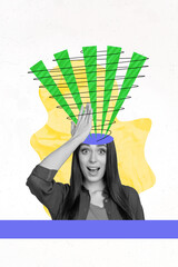 Picture collage image magazine of surprised excited girl forgot information news lost idea memory...