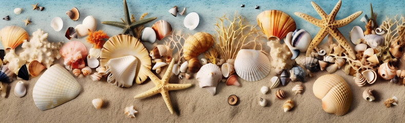 Fototapeta na wymiar sand ocean sea summer nature beach tropical holiday banner shell. Generative AI.