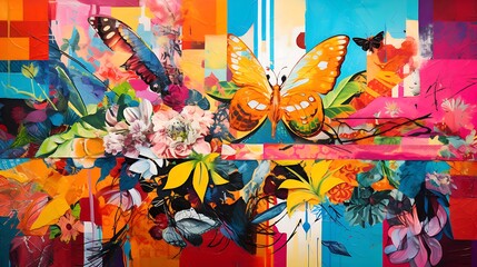 Colorful background with butterflies. Collage style. Generative AI.