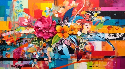 Graffiti on wall. Colorful background with flowers and leafs. Collage style. Generative AI.