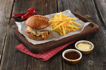 Tasty roasted eggplant hamburger with crispy hamburger buns,cheese,ketchup,mayonnaise and french fries