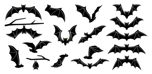 Halloween holiday bat silhouette set isolated on white. Spooky black horror bat graphic. Vector illustration of creepy flying mouse bats, set of bat-mouses on tree branches