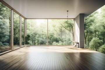 Stylish, open interior space with a parquet floor and a view of the forest. green, decorative, mockup, and backdrop. Generative AI