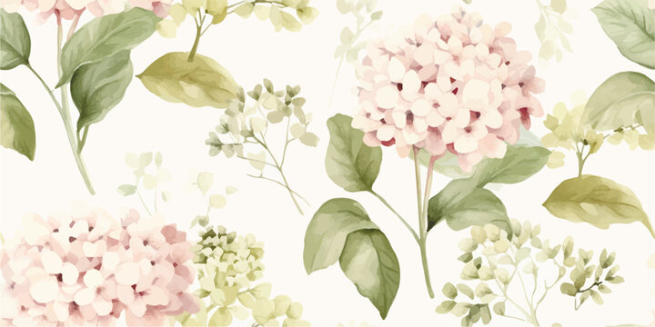 Floral seamless pattern with delicate hydrangea and green branches, watercolor illustration on ivory background, print for textile or wallpapers in provence style