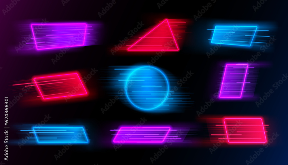 Poster neon abstract geometric shapes speed movement. high speed motion blurred light effects. futuristic a
