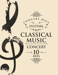 Poster for a live classical music concert. Vector banner, flyer, invitation, ticket or advertising banner with an abstract treble clef in the form of bright spots of paint