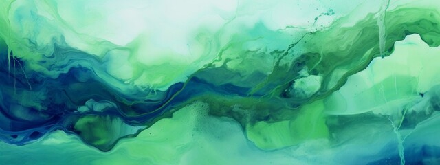 Abstract marbling oil acrylic paint background illustration art wallpaper - Green blue color with liquid fluid marbled paper texture banner painting texture (Generative Ai)